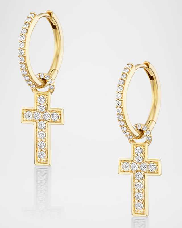 14K Yellow Gold Diamond Cross Charm Earrings